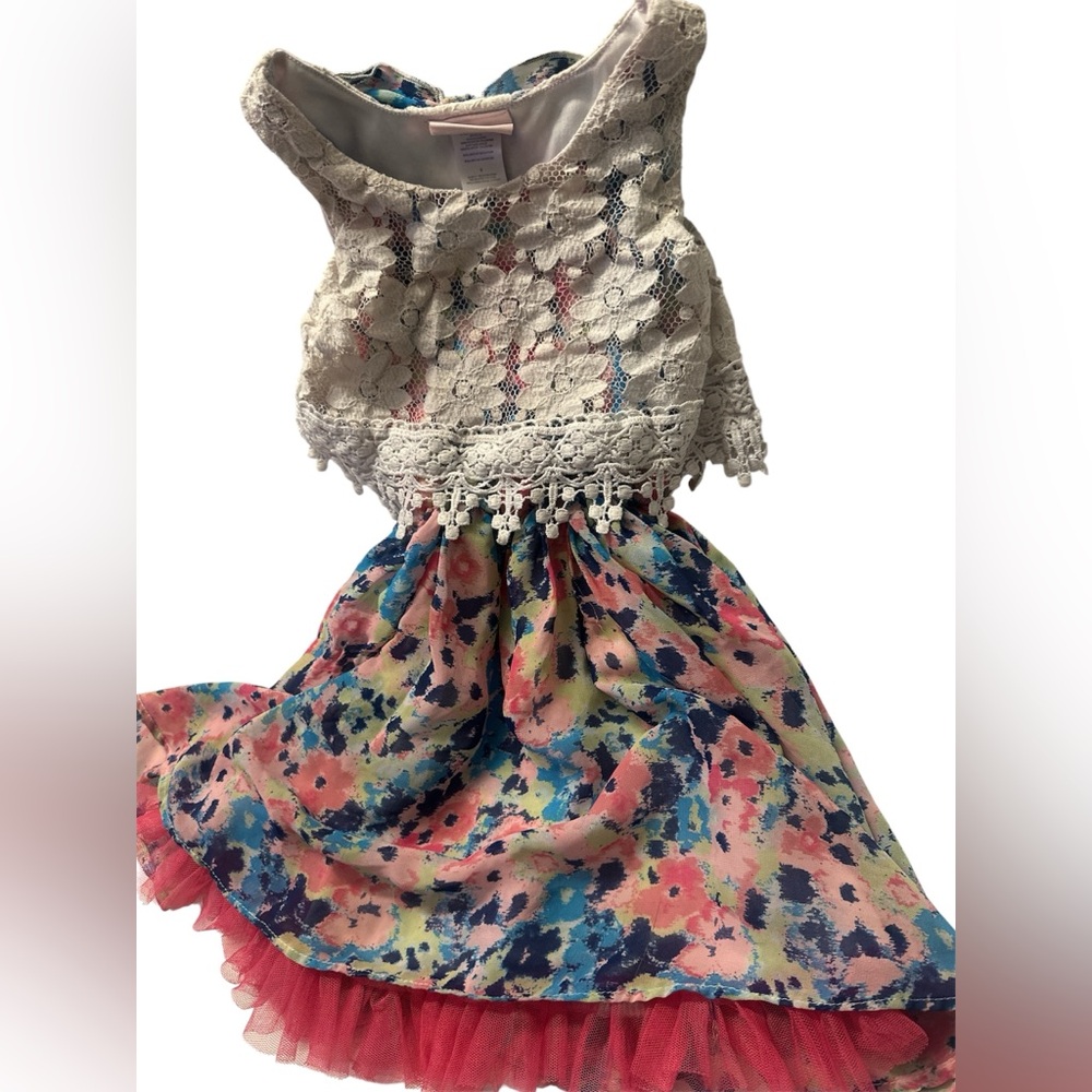 Girls Little Lass Cream Lace Top Dress with Multicolor Floral Skirt size 6 - Picture 2 of 4